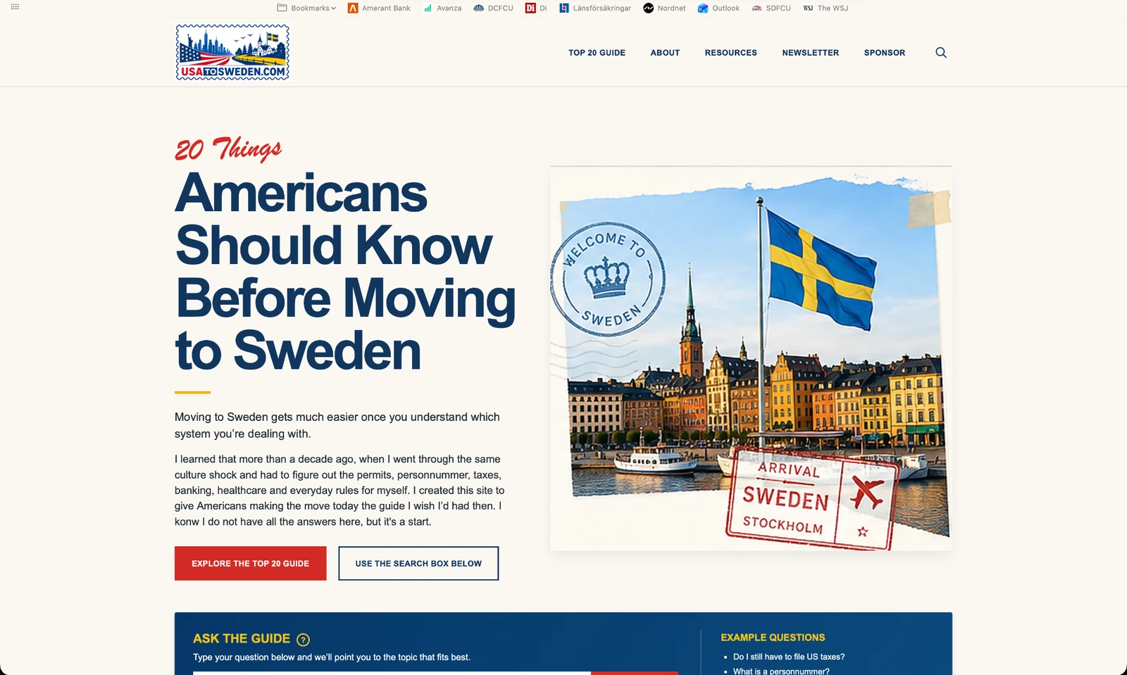 Homepage screenshot of USAtoSweden.com